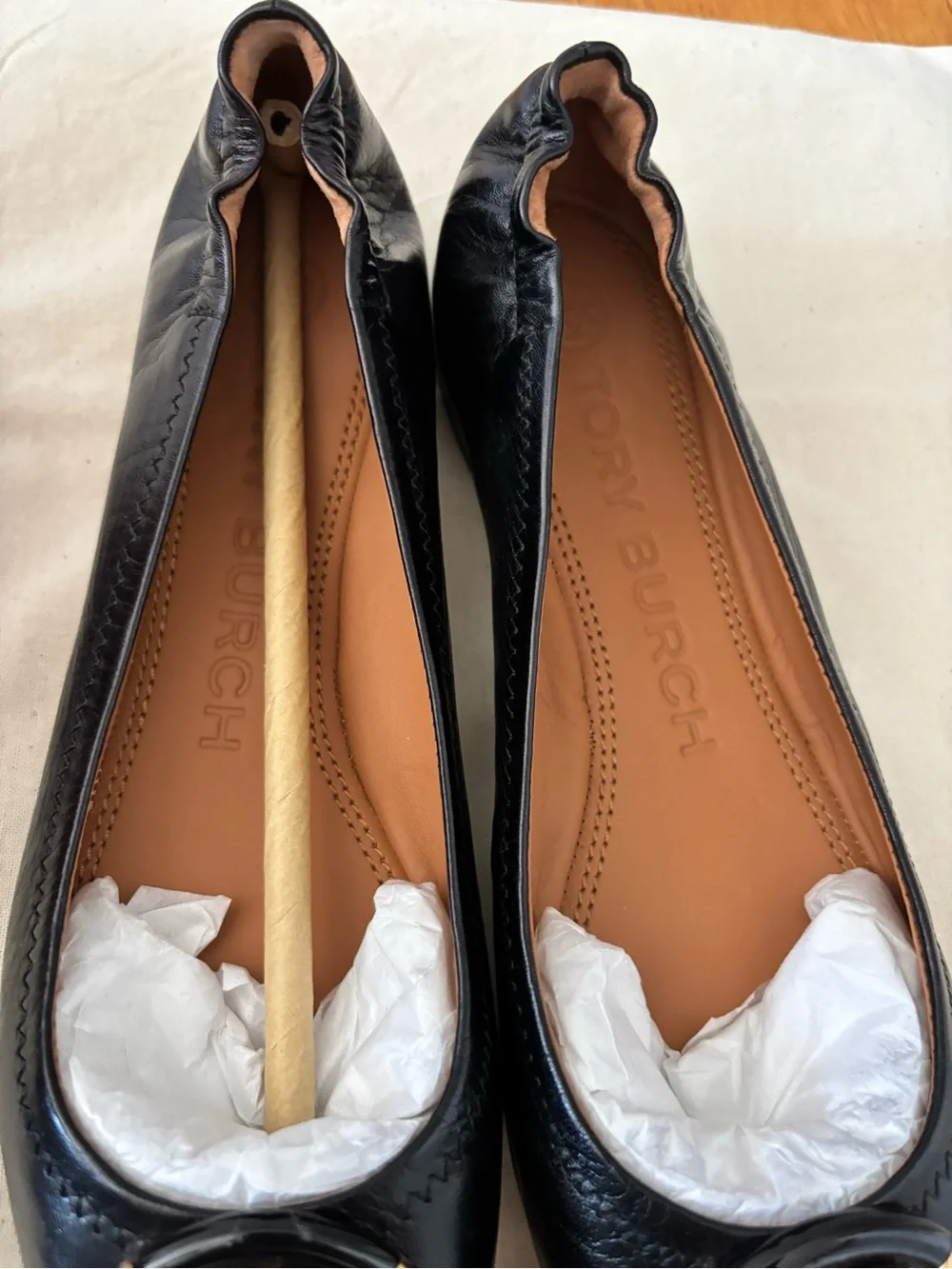 Brand New Tory Burch Black Leather Ballet Flats with Gold Medallion-Never worn
